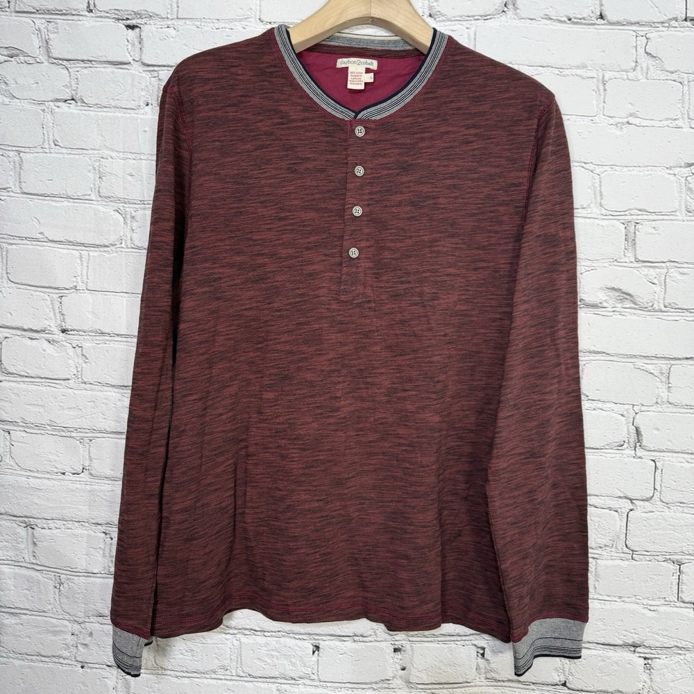 Carbon 2 Cobalt Men's Henley Shirt L Burgundy Gray Long‎ Sleeve 4 Button 144201